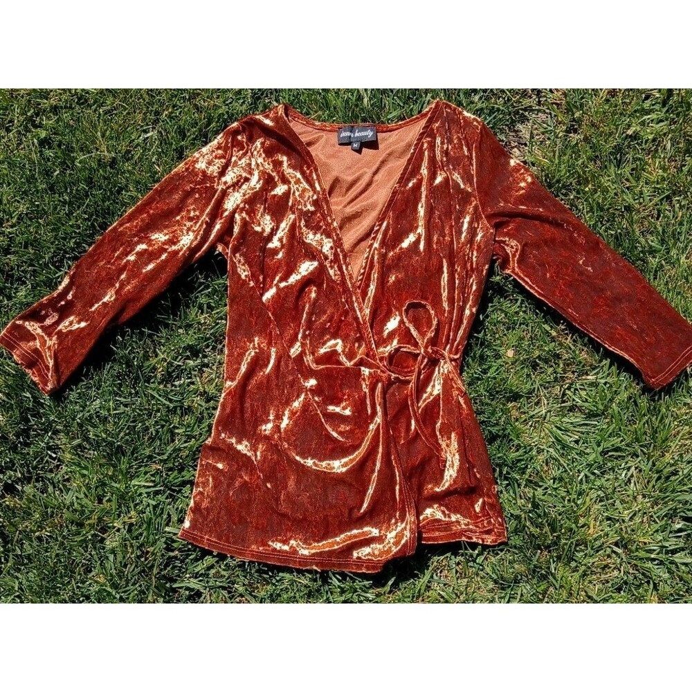 NWOT Boho Western Burnt Orange Crushed Velvet Wrap Top - Size Medium -